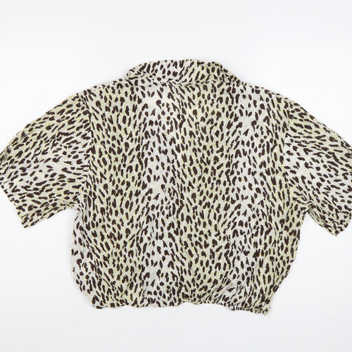 Topshop Women Brown Leopard Print Short Sleeve Button-Up Shirt UK 16