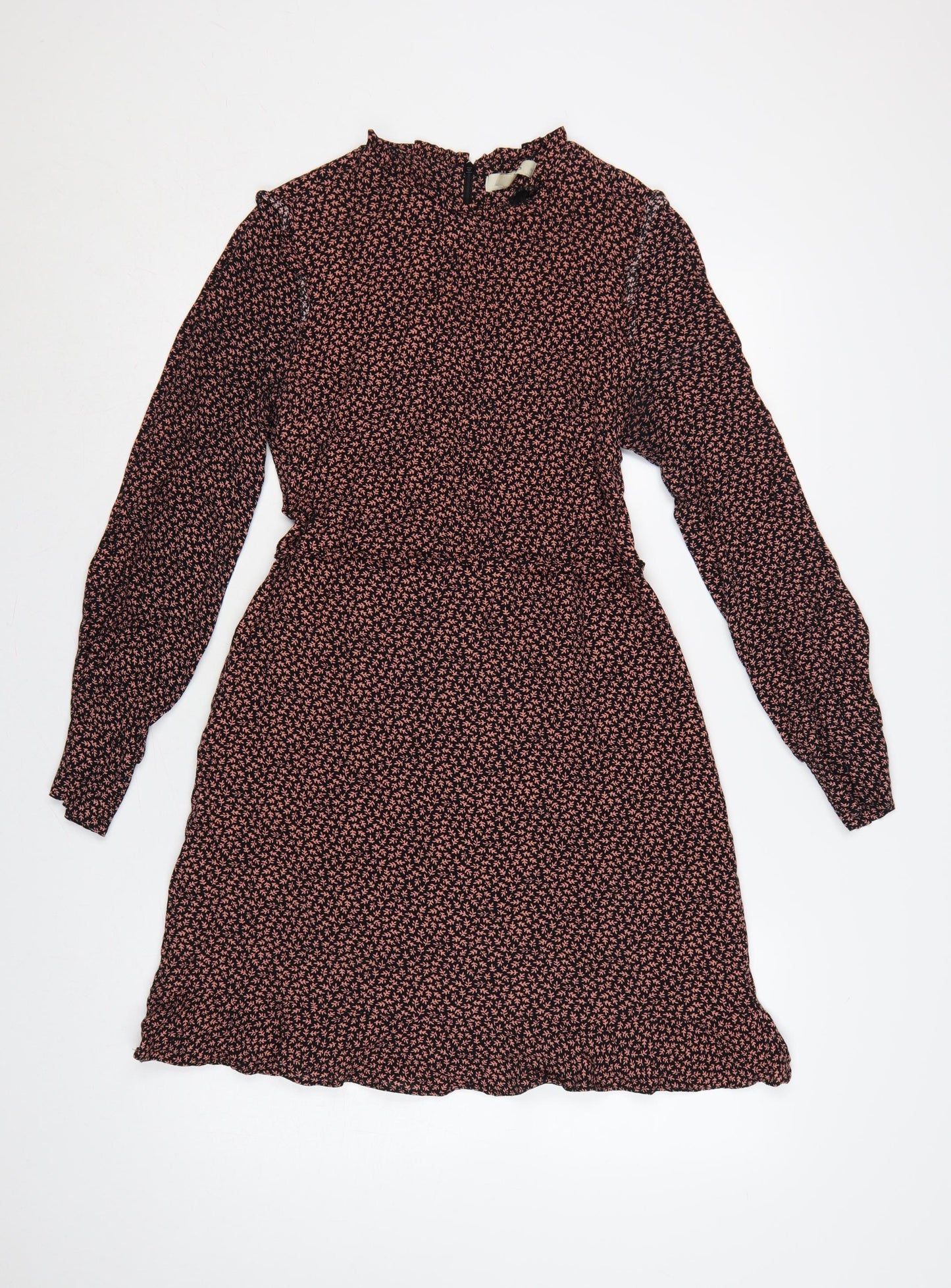 Oasis Women Black Pink Floral High Neck A-Line Dress UK 10