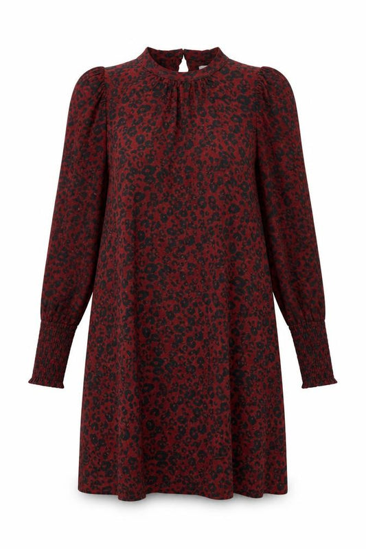 Front view of Next Women Red Leopard Print A-Line Knee Length Dress UK 8 Long Sleeve