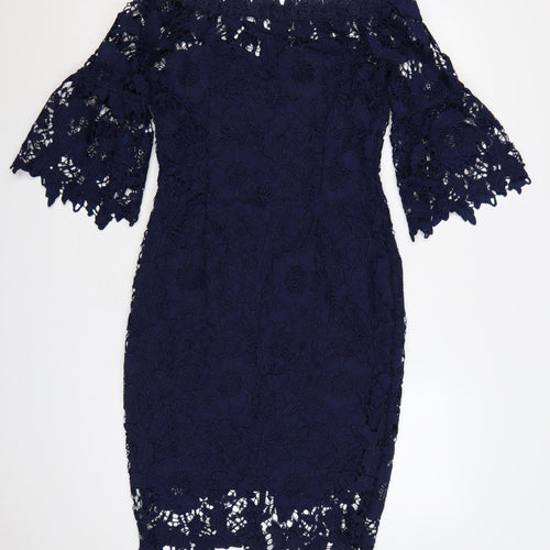 Dorothy Perkins Women Blue UK 12 Off Shoulder Floral Lace Sheath Dress
