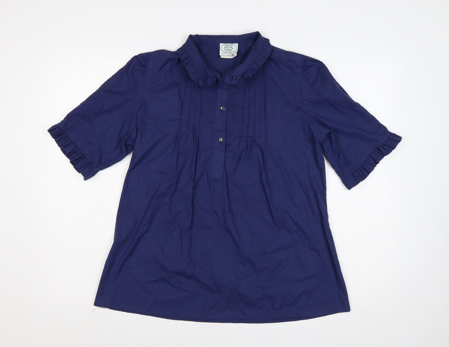 Laura Ashley Women Blue UK 18 Ruffle Collared Cotton Tunic Blouse