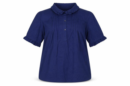 Front view of Laura Ashley Women Blue UK 18 Ruffle Collared Cotton Tunic Blouse