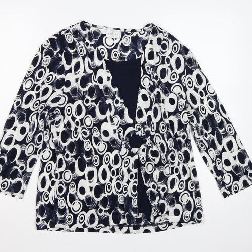Eastex Women's Blue Geometric Basic V-Neck Long Sleeve Blouse UK 16