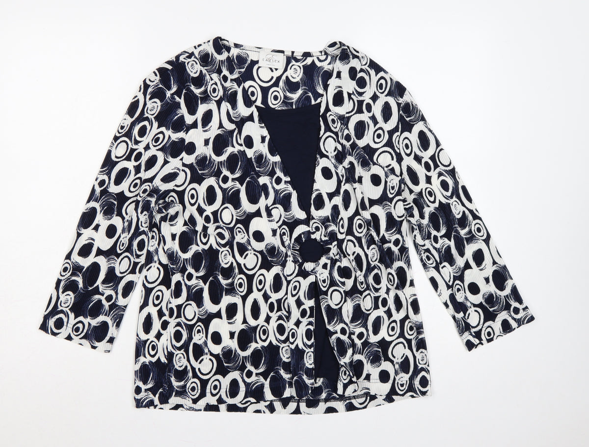 Eastex Women's Blue Geometric Basic V-Neck Long Sleeve Blouse UK 16