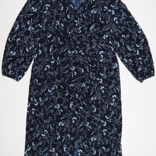 JD Williams Women Blue Floral Wrap Midi Dress UK 16 V-Neck Long Sleeve