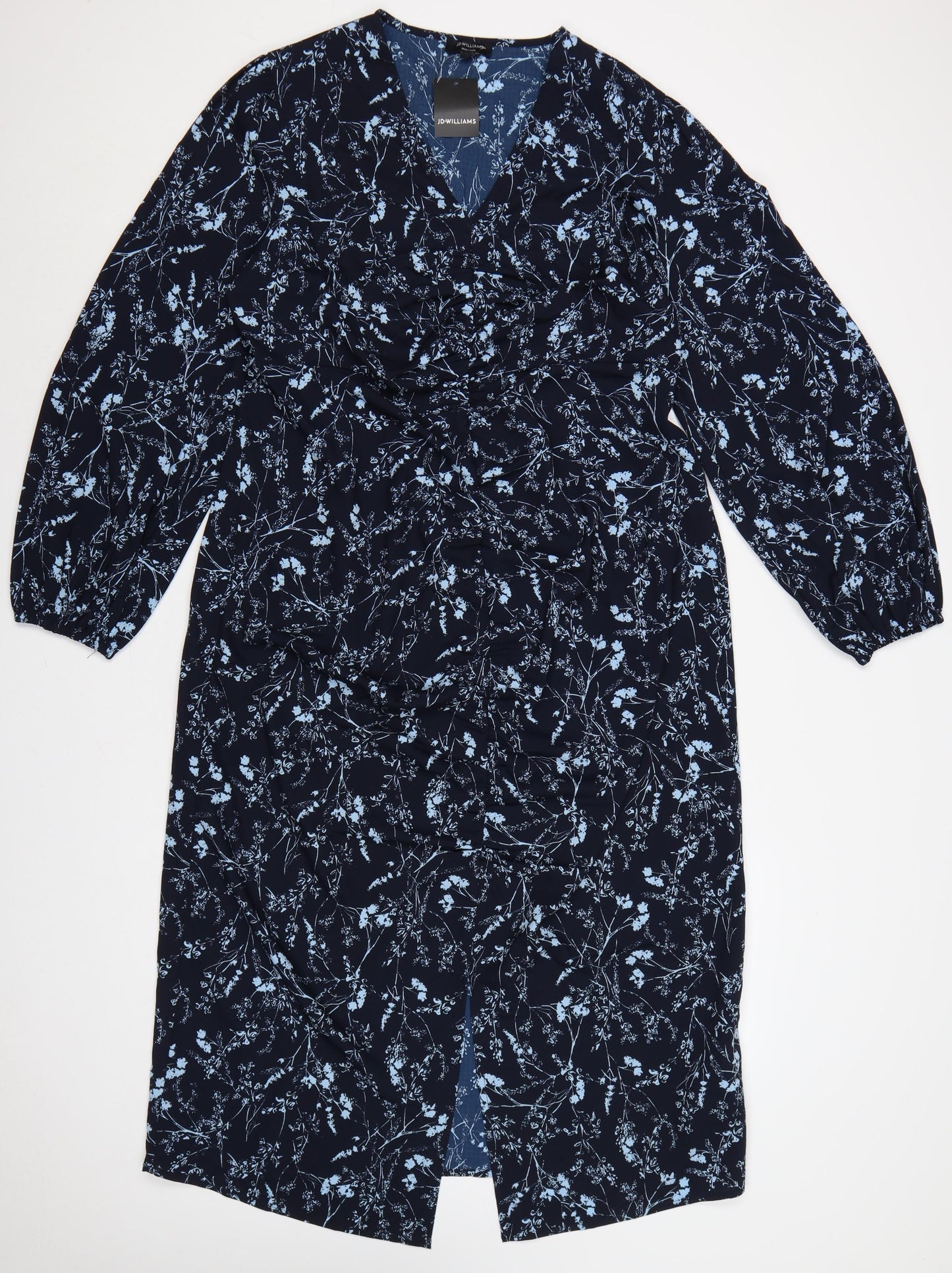 JD Williams Women Blue Floral Wrap Midi Dress UK 16 V-Neck Long Sleeve