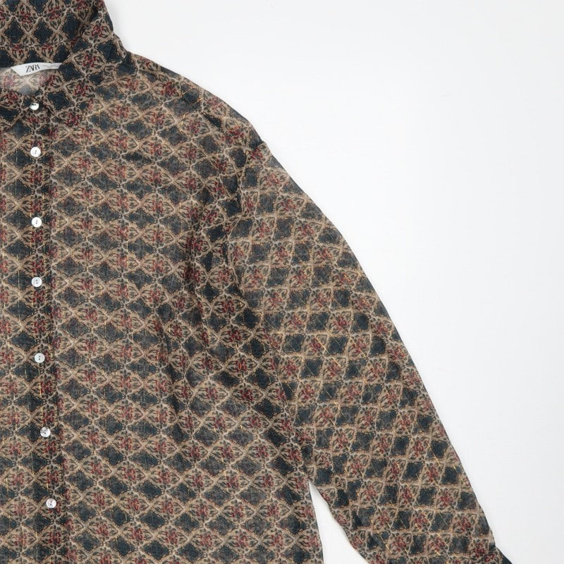 Zara Women Multicoloured L Sheer Geometric Long Sleeve Button-Up Shirt