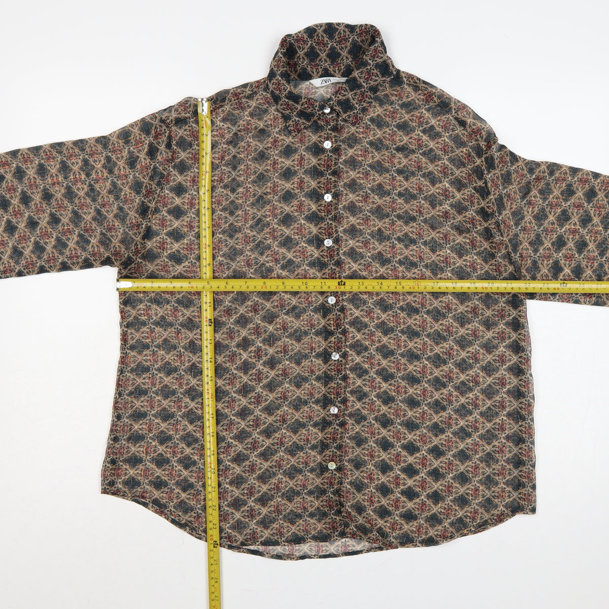 Zara Women Multicoloured L Sheer Geometric Long Sleeve Button-Up Shirt