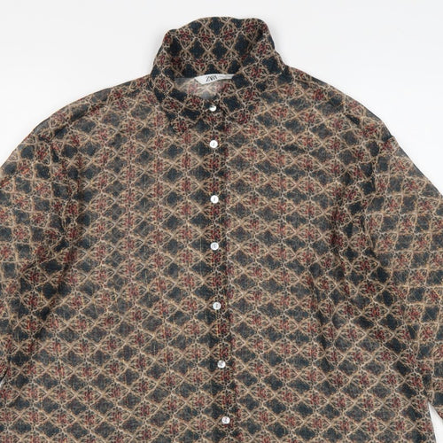 Zara Women Multicoloured L Sheer Geometric Long Sleeve Button-Up Shirt