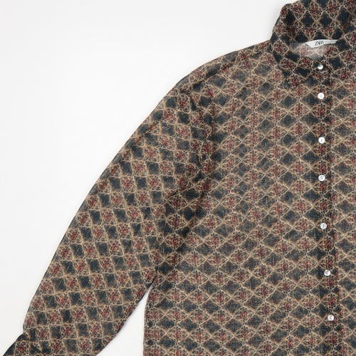 Zara Women Multicoloured L Sheer Geometric Long Sleeve Button-Up Shirt