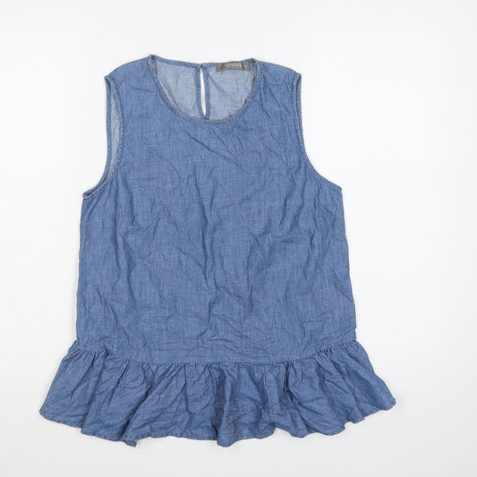Oasis Women Blue Size 10 Chambray Sleeveless Ruffle Tunic Blouse