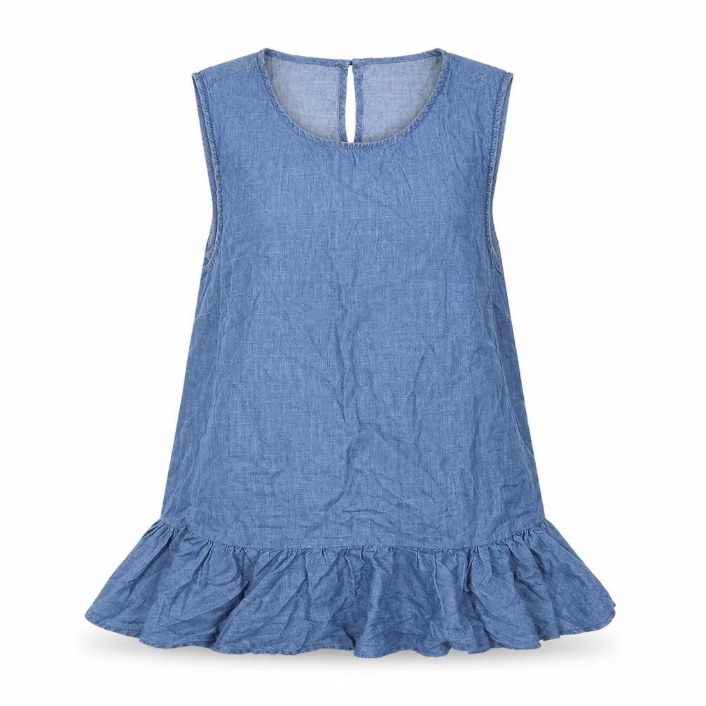 Front view of Oasis Women Blue, size 10, Chambray Sleeveless Ruffle Tunic Blouse