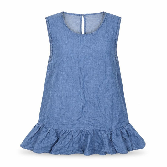 Front view of Oasis Women Blue, size 10, Chambray Sleeveless Ruffle Tunic Blouse