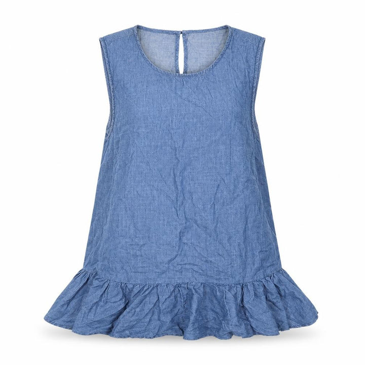 Oasis Women Blue Size 10 Chambray Sleeveless Ruffle Tunic Blouse