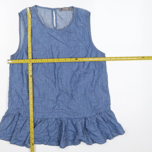 Oasis Women Blue Size 10 Chambray Sleeveless Ruffle Tunic Blouse
