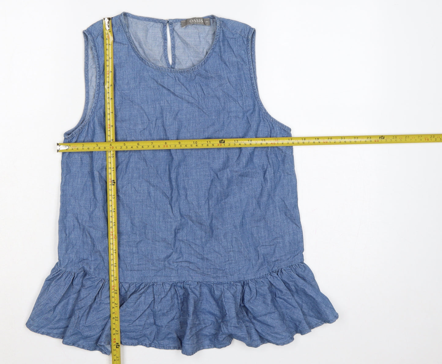 Oasis Women Blue Size 10 Chambray Sleeveless Ruffle Tunic Blouse