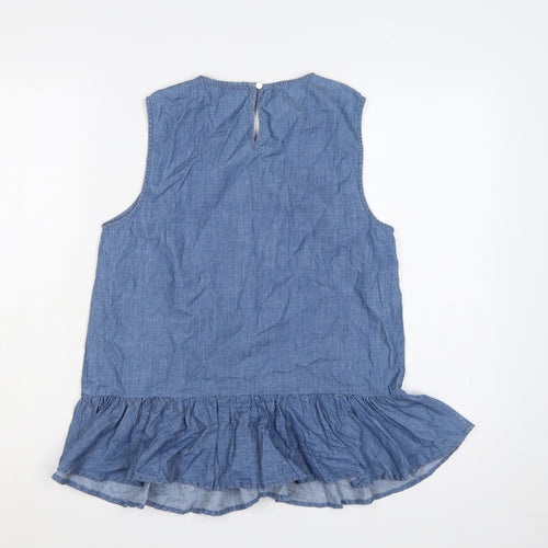 Oasis Women Blue Size 10 Chambray Sleeveless Ruffle Tunic Blouse