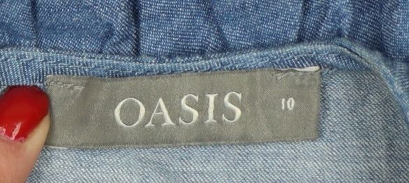 Oasis Women Blue Size 10 Chambray Sleeveless Ruffle Tunic Blouse