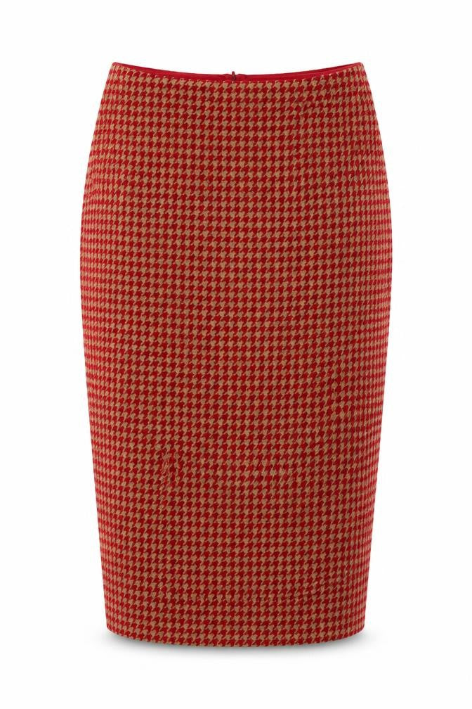Front view of Next Women Red Houndstooth Tweed Pencil Skirt, size 8