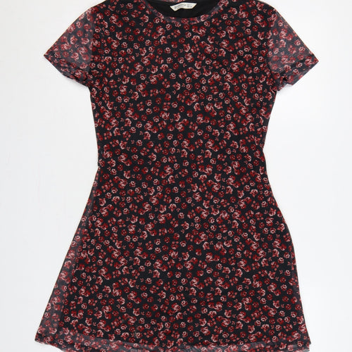 Stradivarius Women Black Red Floral L Fit & Flare Mesh Mini Dress