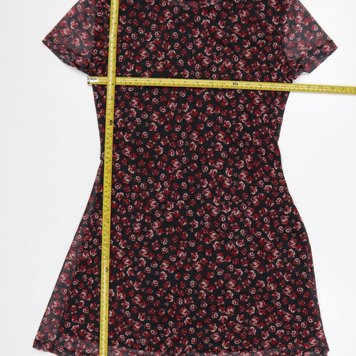 Stradivarius Women Black Red Floral L Fit & Flare Mesh Mini Dress