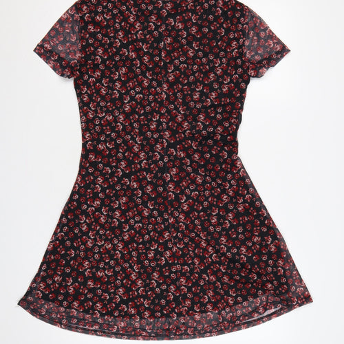 Stradivarius Women Black Red Floral L Fit & Flare Mesh Mini Dress