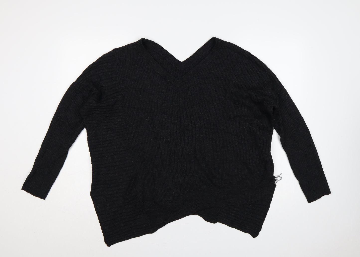 AllSaints Women Black M 100% Merino Wool V-Neck Ribbed Jumper