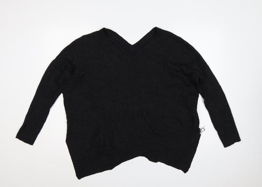 AllSaints Women Black M 100% Merino Wool V-Neck Ribbed Jumper