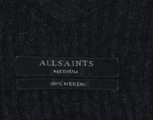 AllSaints Women Black M 100% Merino Wool V-Neck Ribbed Jumper