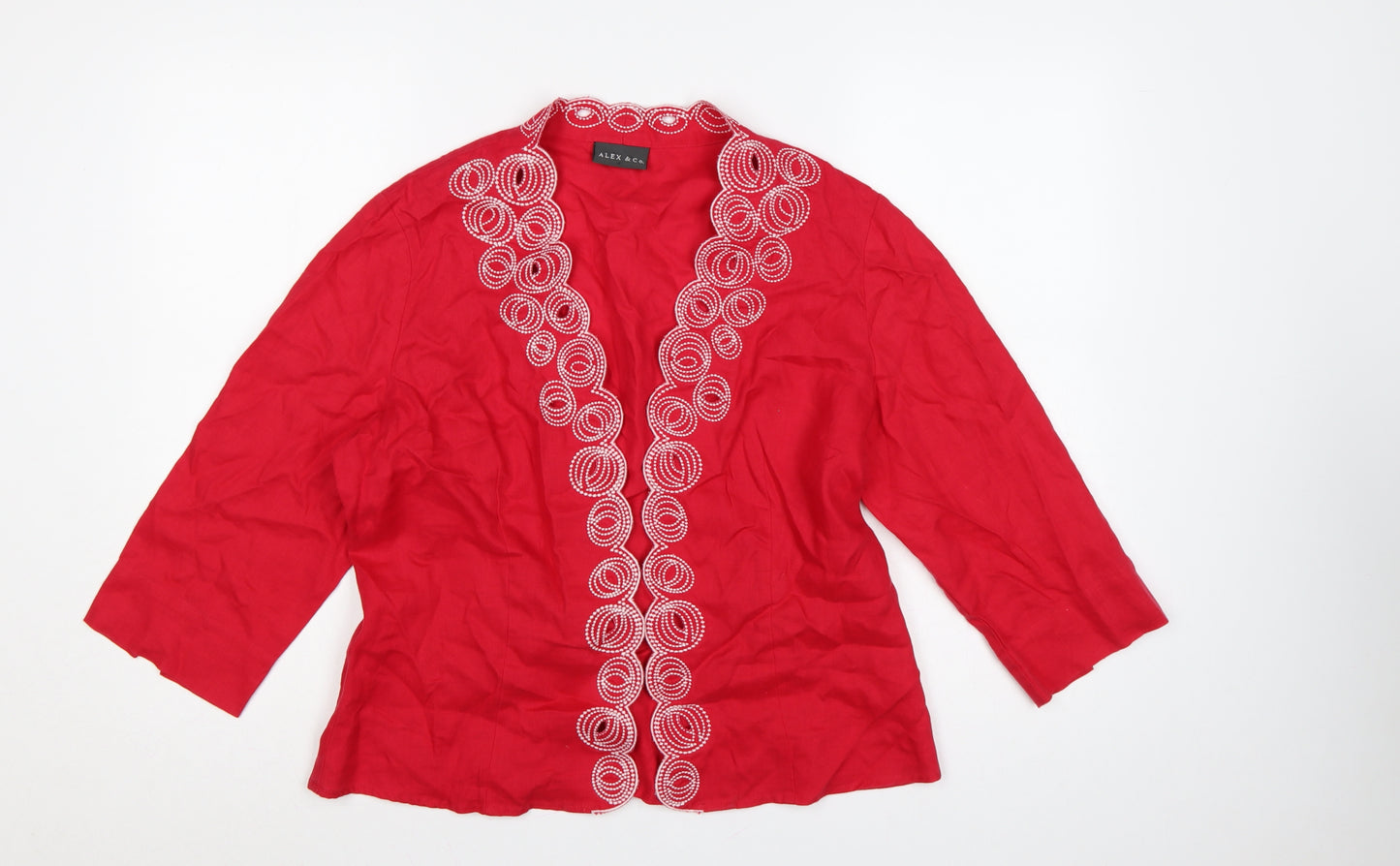 Alex & Co Women Red Linen Embroidered Open Kimono Blouse UK 16
