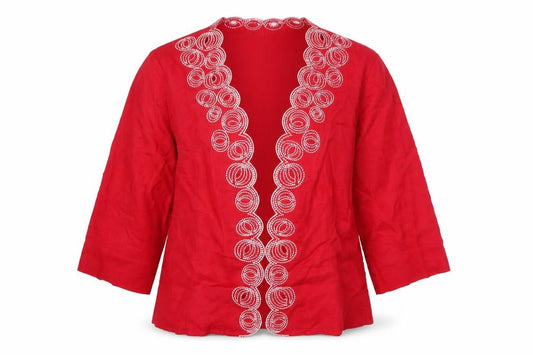 Front view of Alex & Co Women Red Linen Embroidered Open Kimono Blouse UK 16