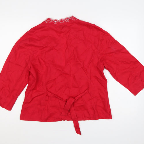 Alex & Co Women Red Linen Embroidered Open Kimono Blouse UK 16