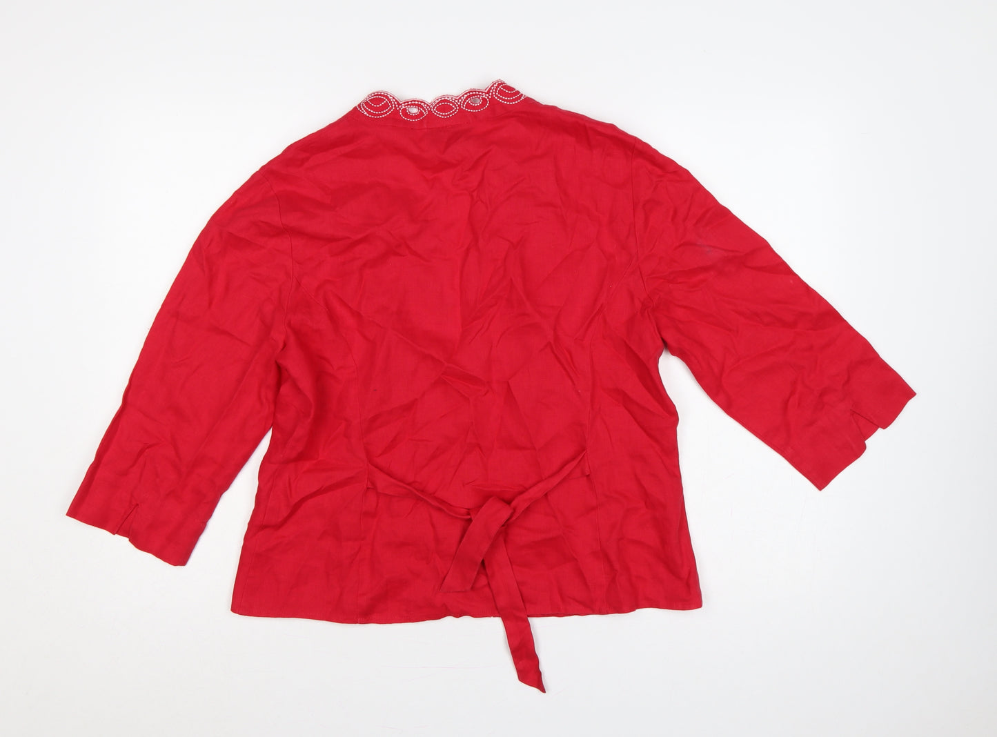 Alex & Co Women Red Linen Embroidered Open Kimono Blouse UK 16