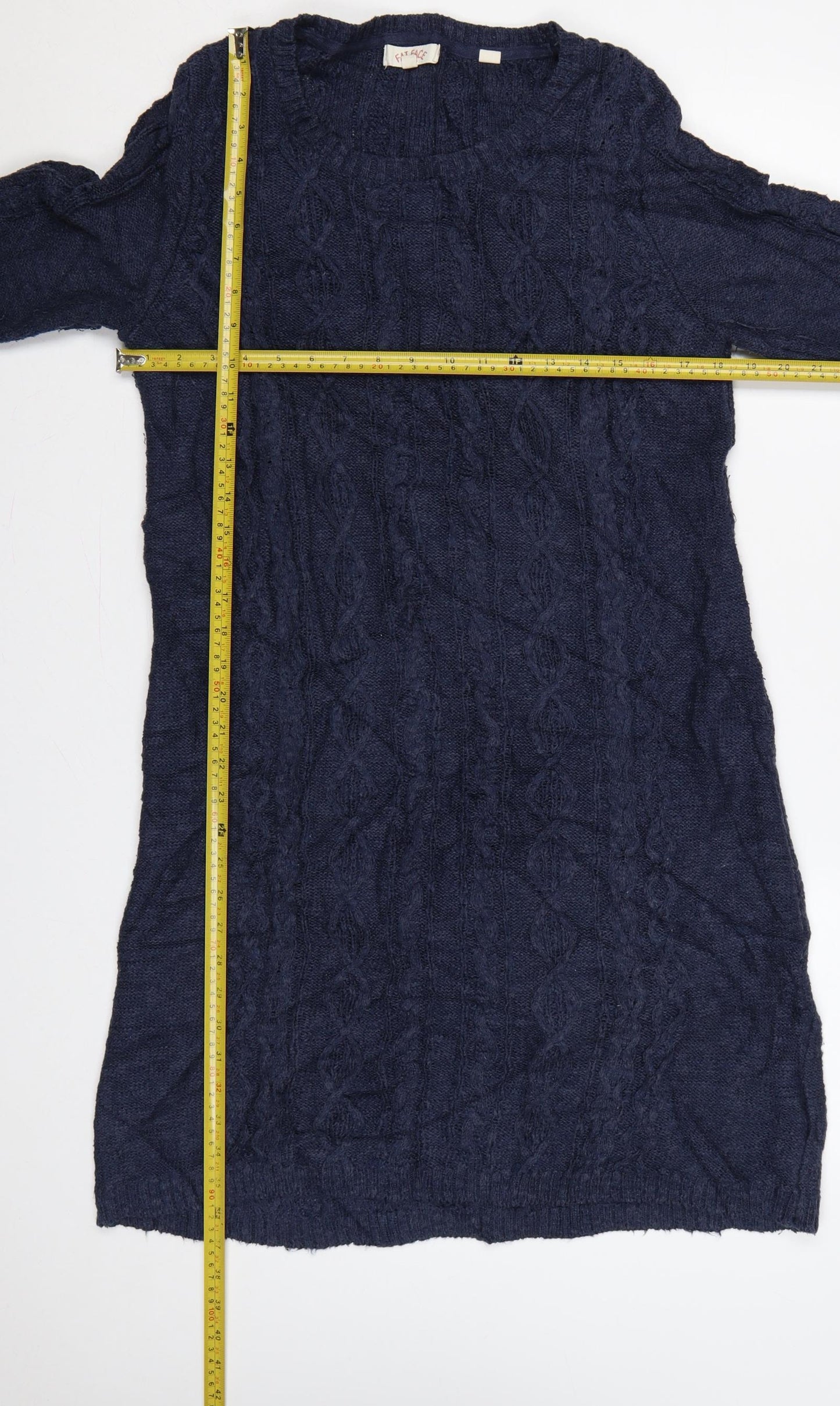 Fat Face Women Blue UK 12 Cable Knit Wool Jumper Dress V-Neck