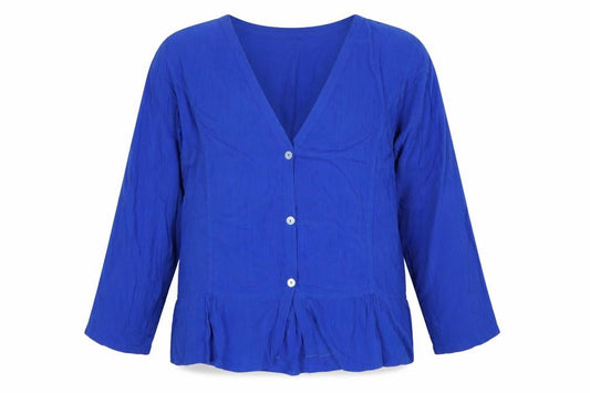 Front view of Angel Circle Women Blue, size 2, V-Neck Button 3/4 Sleeve Viscose Blouse