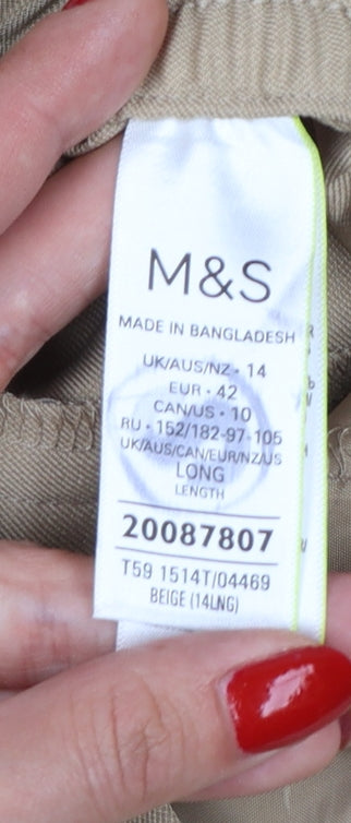 Marks & Spencer Women Beige UK 14 Long Straight Tailored Trousers