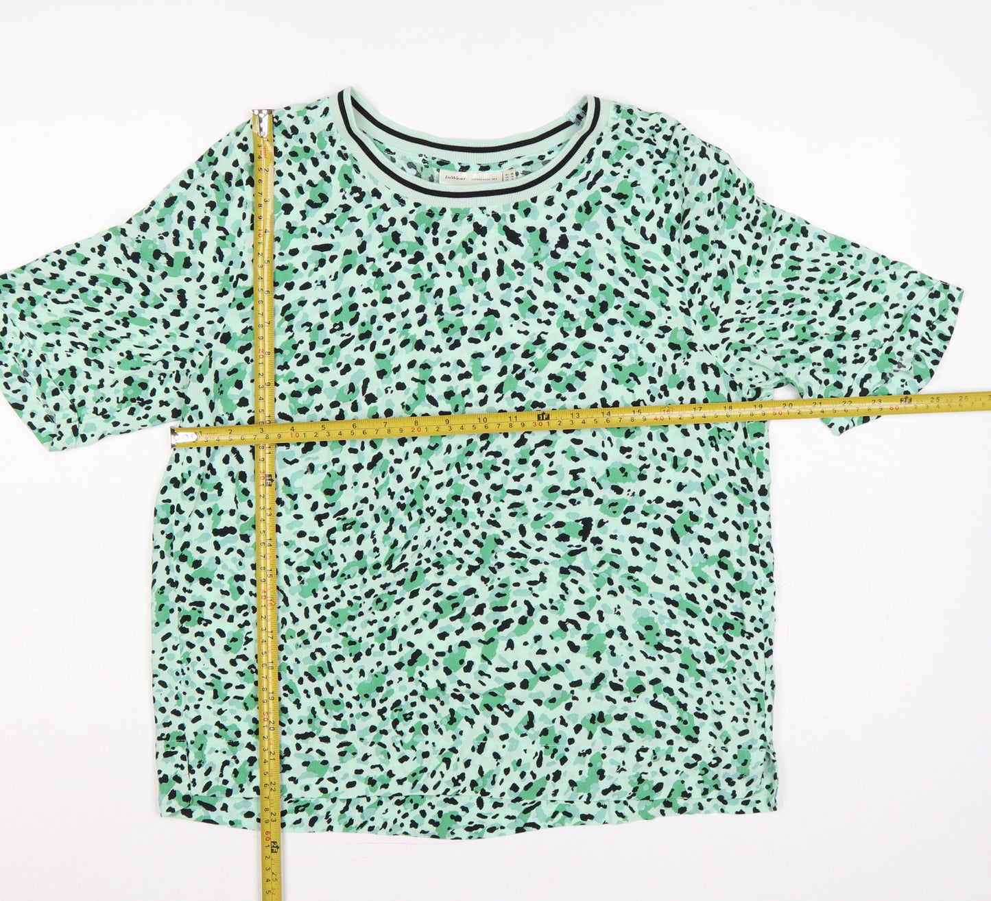 InWear Women Green Leopard Print Ringer T-Shirt UK 12 Short Sleeve