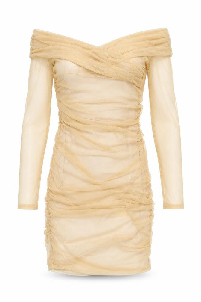 Boohoo Women Beige UK 6 Bodycon Off Shoulder Ruched Mesh Dress