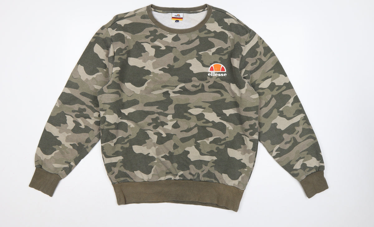 Ellesse Men’s Green Camo XL Crew Neck Logo Pullover Sweatshirt