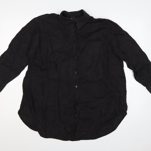 Zara Women Black Small Linen Button-Up Collared Long Sleeve Shirt