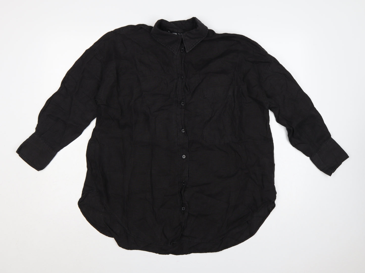 Zara Women Black Small Linen Button-Up Collared Long Sleeve Shirt