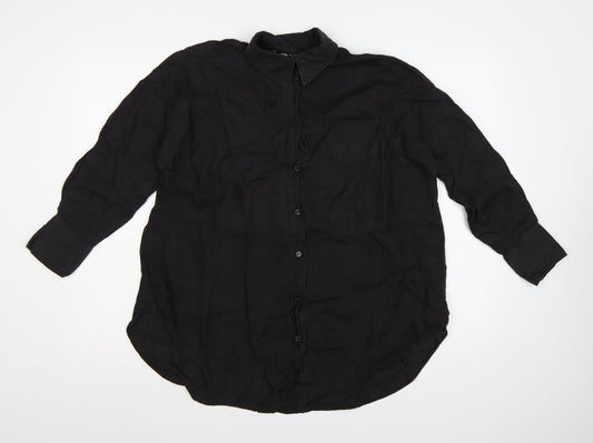 Zara Women Black Small Linen Button-Up Collared Long Sleeve Shirt