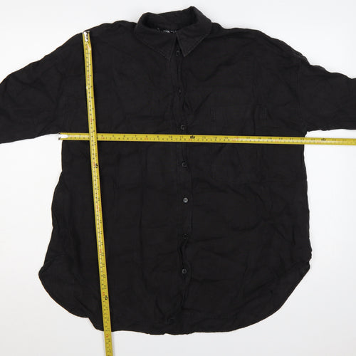 Zara Women Black Small Linen Button-Up Collared Long Sleeve Shirt