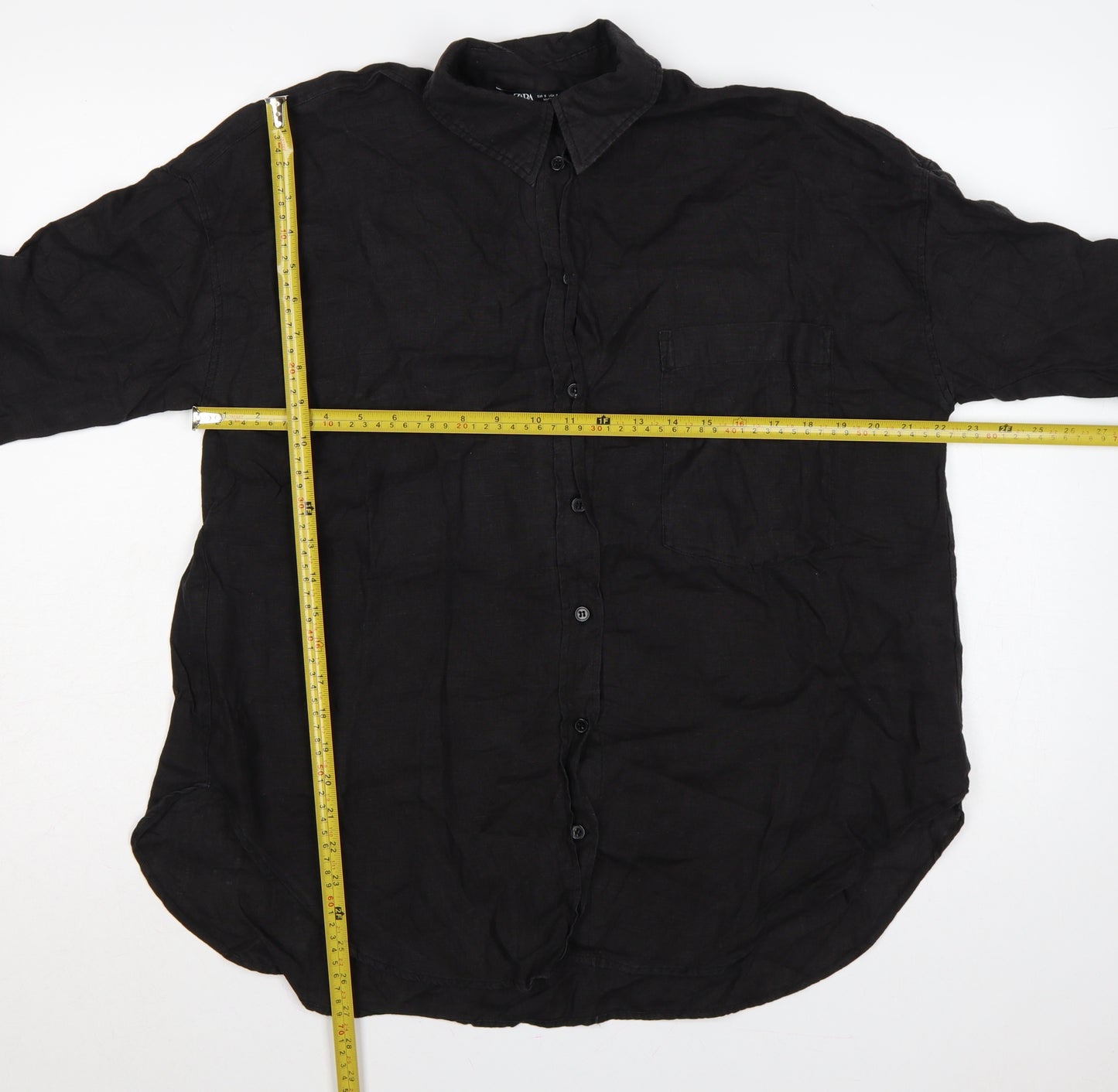 Zara Women Black Small Linen Button-Up Collared Long Sleeve Shirt