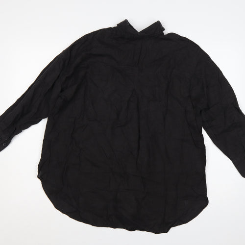 Zara Women Black Small Linen Button-Up Collared Long Sleeve Shirt