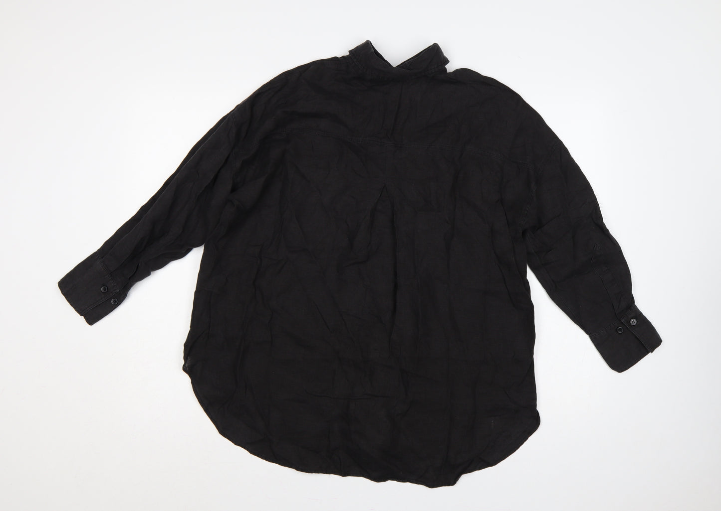Zara Women Black Small Linen Button-Up Collared Long Sleeve Shirt