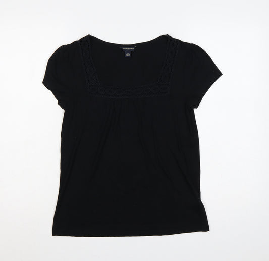 Banana Republic Women Black M Square Neck Lace Trim Short Sleeve Blouse