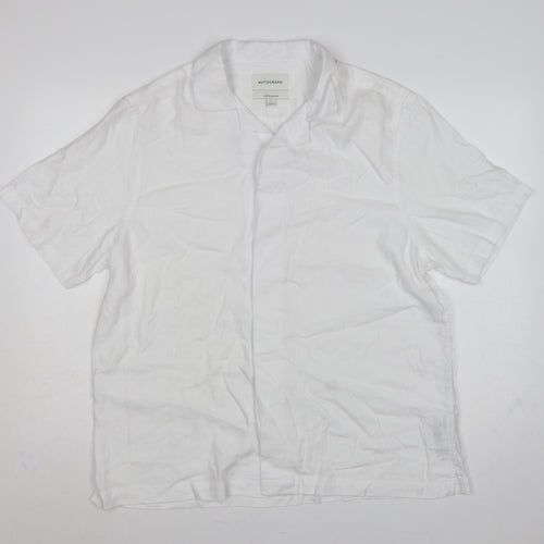 Autograph Men White L Linen Blend Camp Collar Short Sleeve Button-Up Shirt
