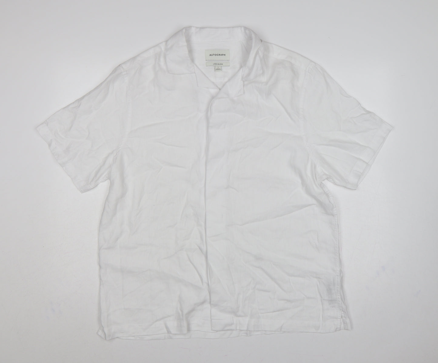 Autograph Men White L Linen Blend Camp Collar Short Sleeve Button-Up Shirt