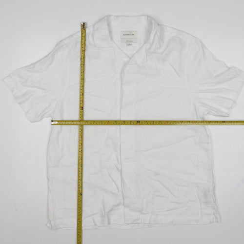 Autograph Men White L Linen Blend Camp Collar Short Sleeve Button-Up Shirt